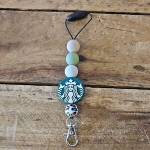Starbucks Keychain with Green and Cream Beads